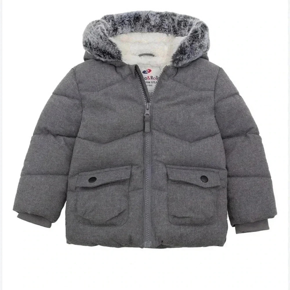 Rolls & RollaSherpa Lined Mini Fur Trim Hooded Puffer Jacket  6-9 months Gray - Picture 1 of 7